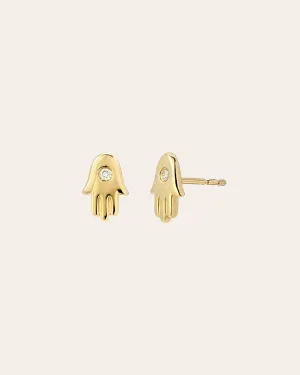 14k Gold Diamond Hamsa Stud Earrings