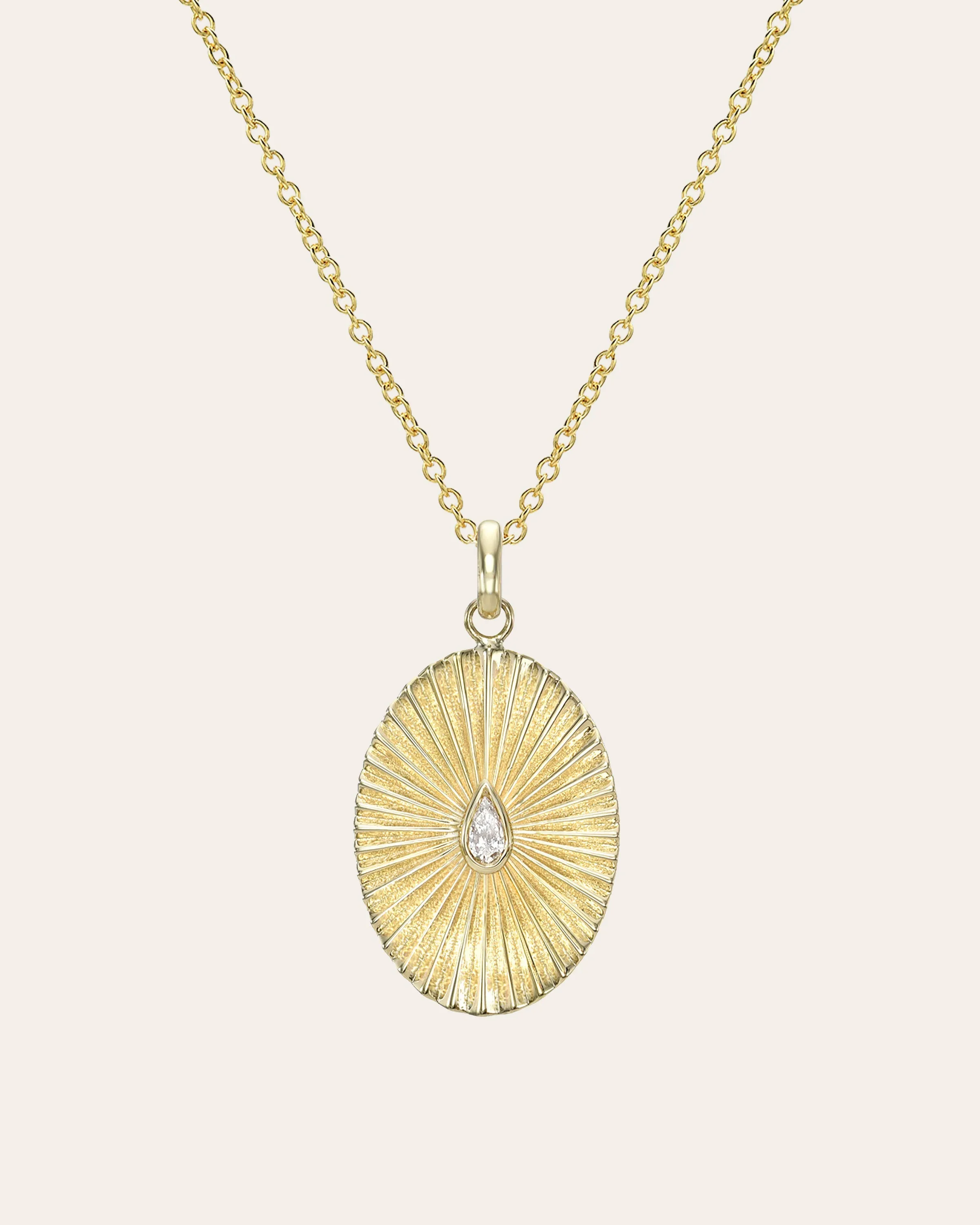 14k Gold Pleated Oval With Pear Diamond Necklace