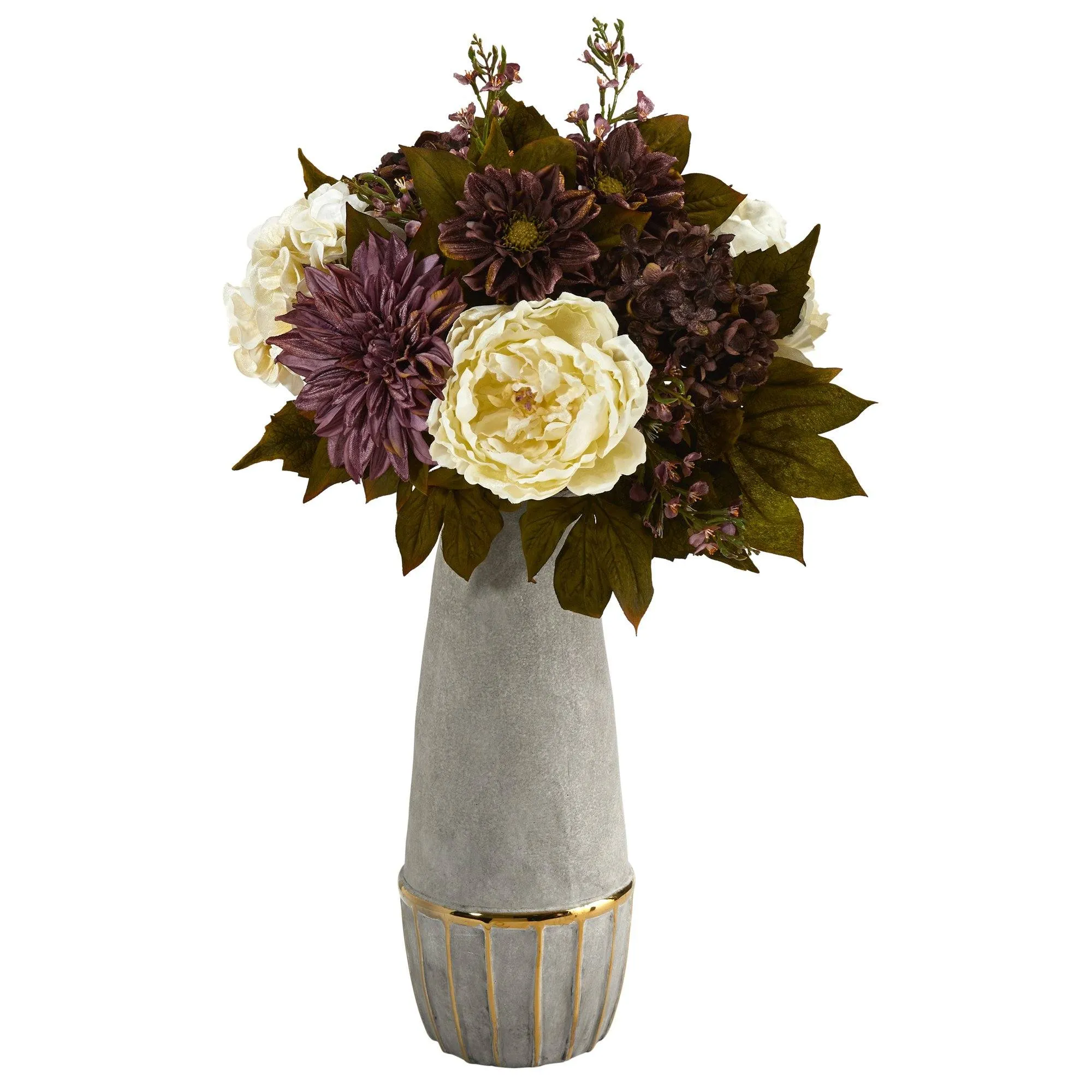 24” Peony, Hydrangea and Dahlia Artificial Arrangement in Stoneware Vase with Gold Trimming