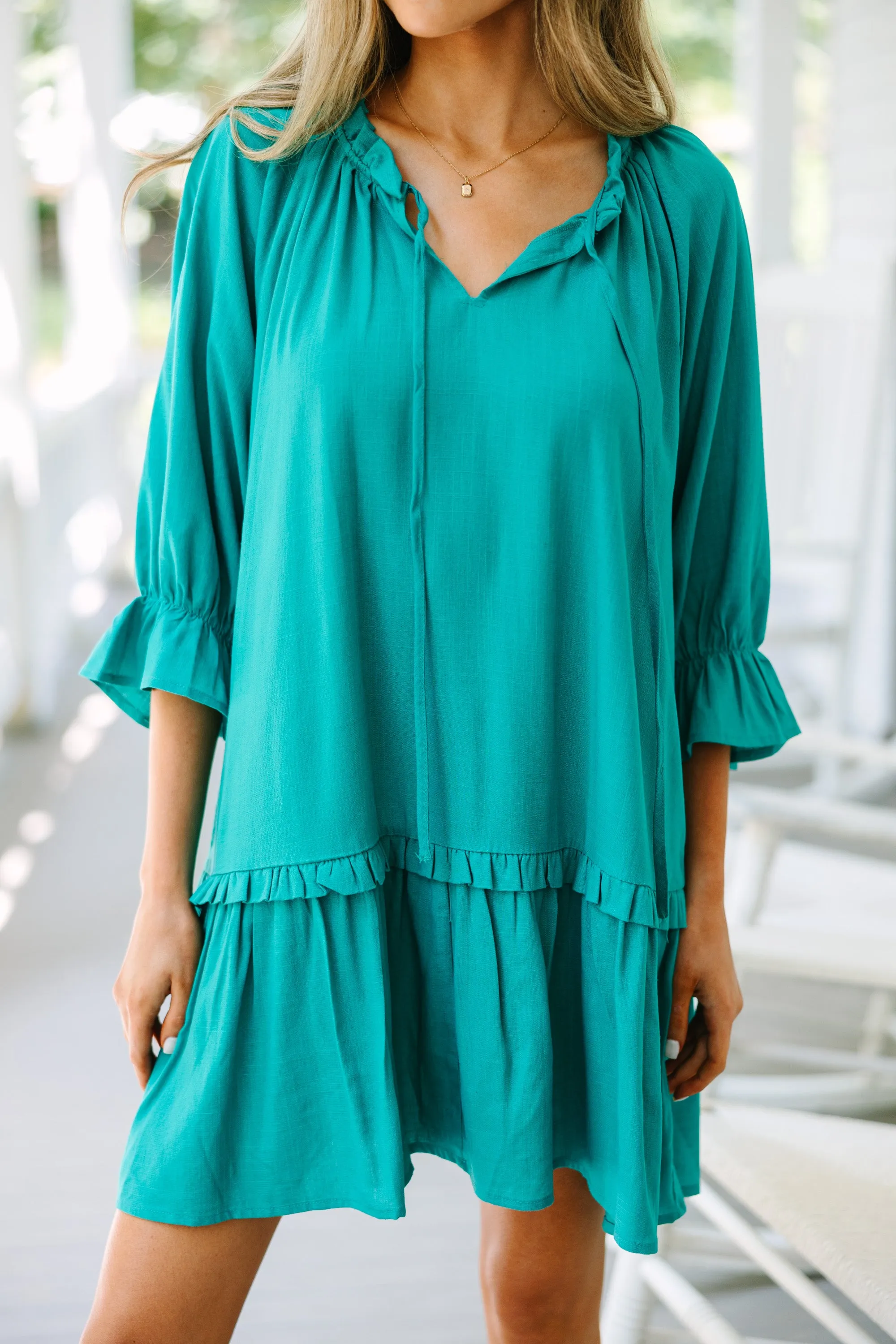 Always In The Lead Lagoon Green Linen Dress