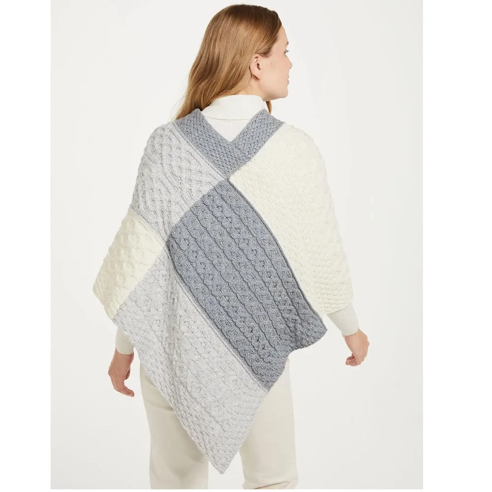 Aran Patchwork Poncho - 3 Colour Feather Grey/Ocean Grey/Classic Aran One Size