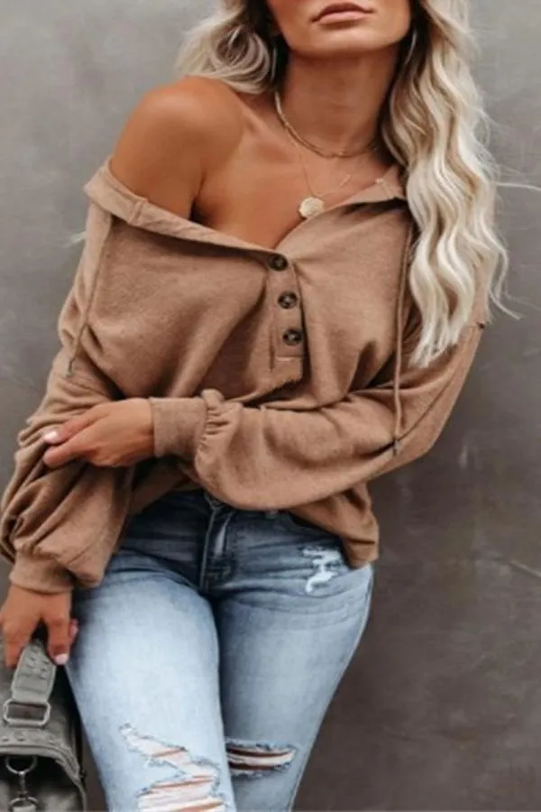 Casual Long Sleeve Hood Buttons Sweatshirt