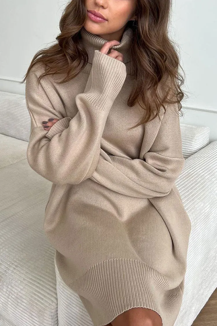 Casual Turtleneck Long Sleeve Shift Winter Oversized Sweater Mini Dress - Khaki