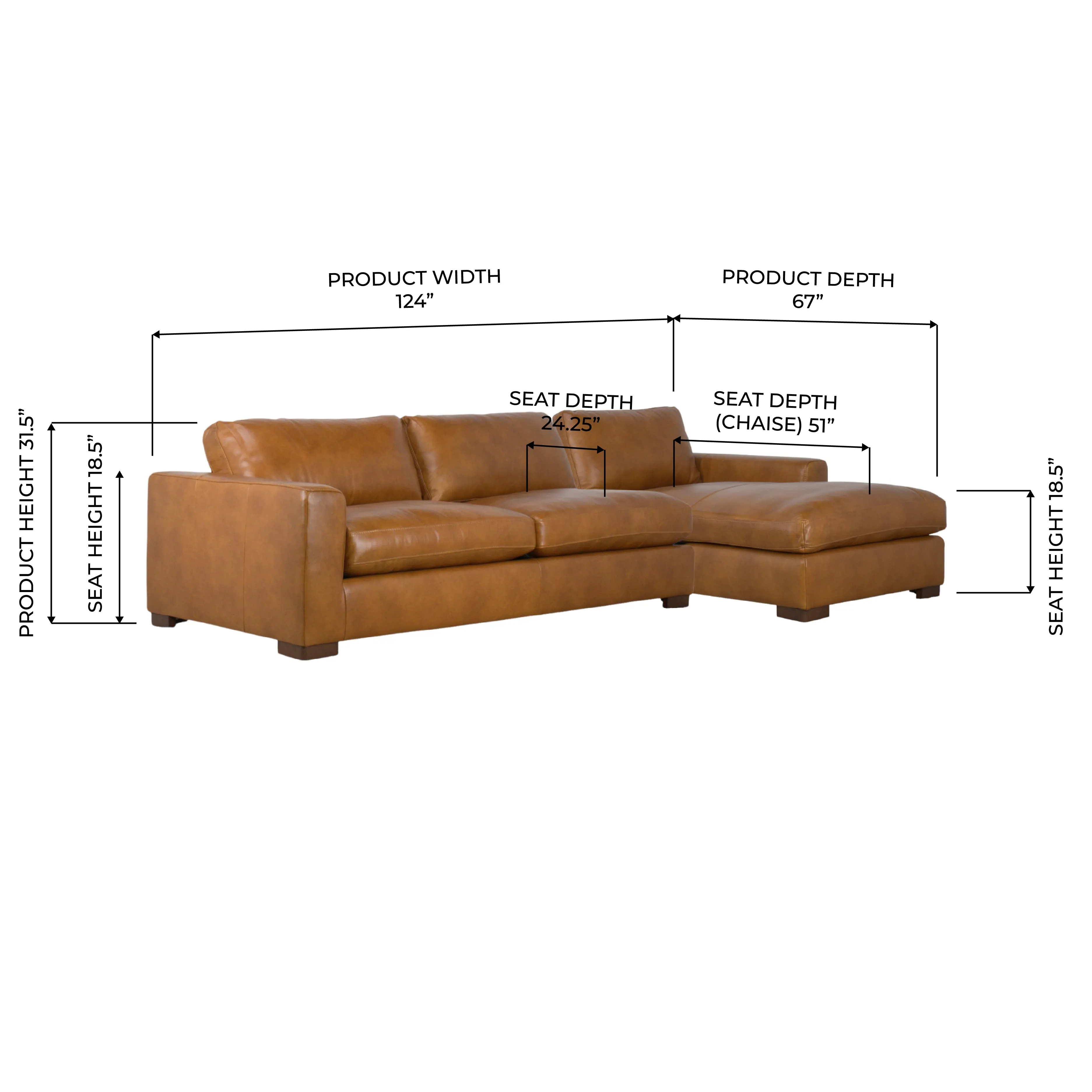 Charlestown 124" Camel Leather Chaise Sectional