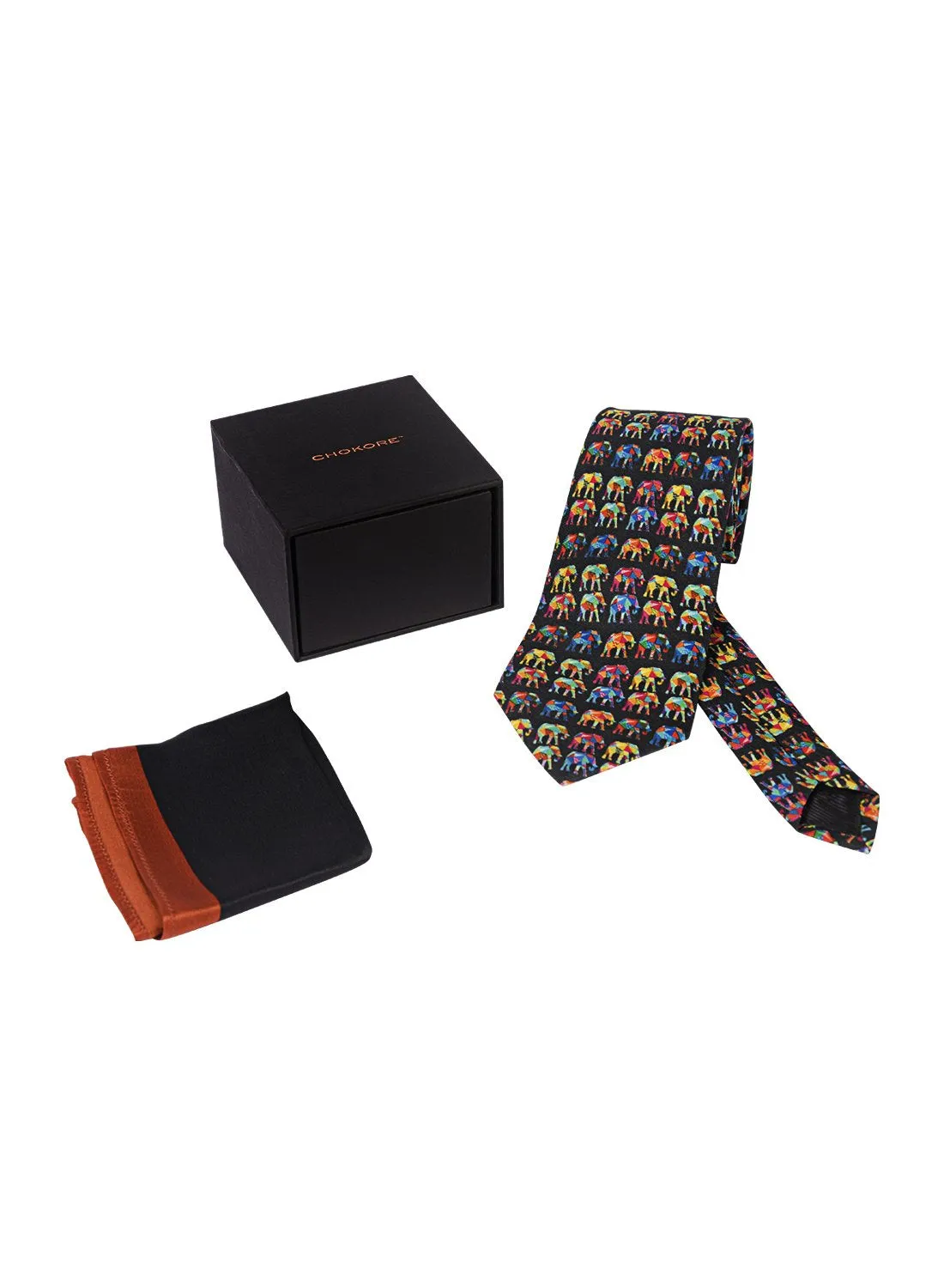 Chokore Multi-colour Elephants Silk Tie - Wildlife range & Printed Pure Silk Pocket Square set