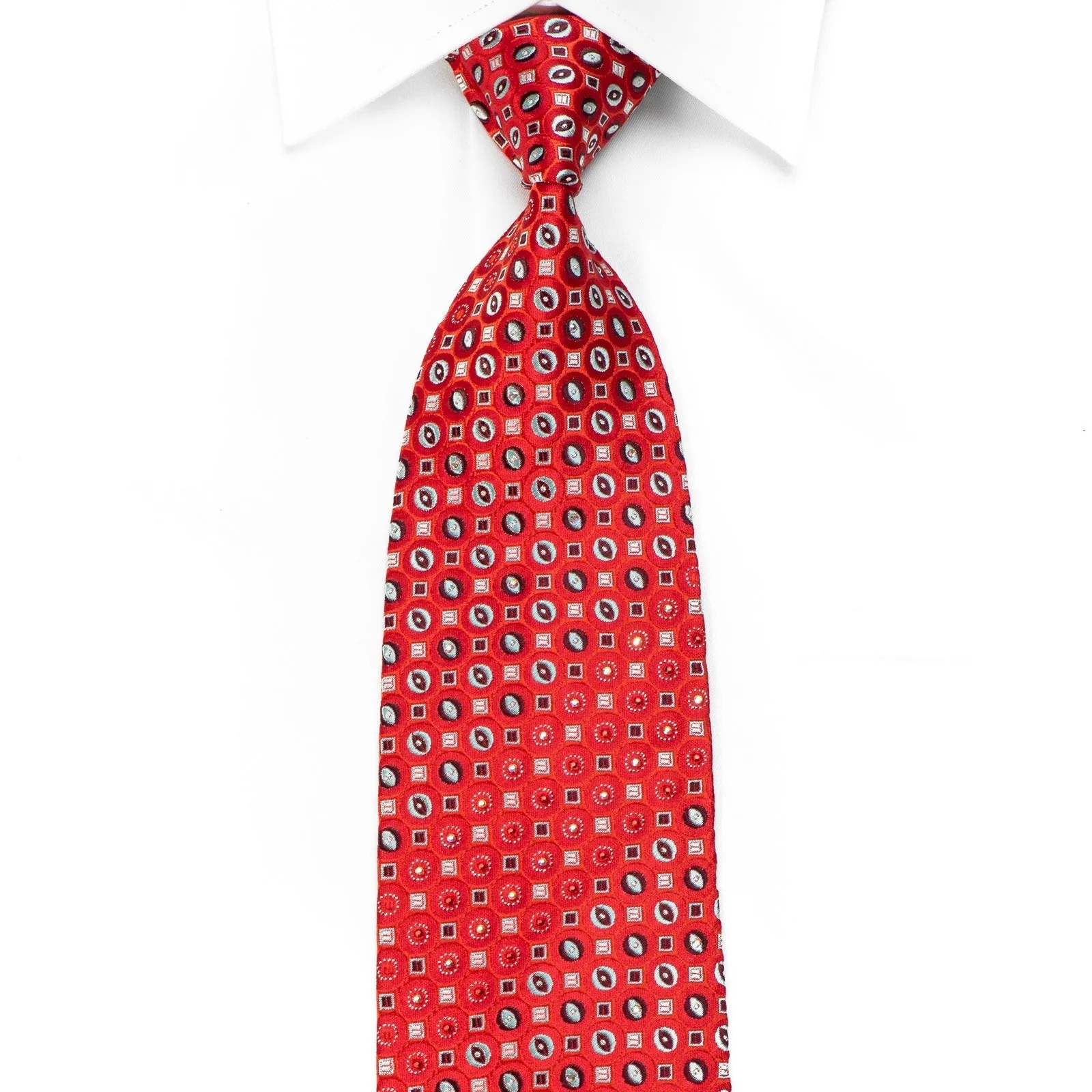 Daks Men's Crystal Rhinestone Silk Necktie Geometric On Red With Sparkles