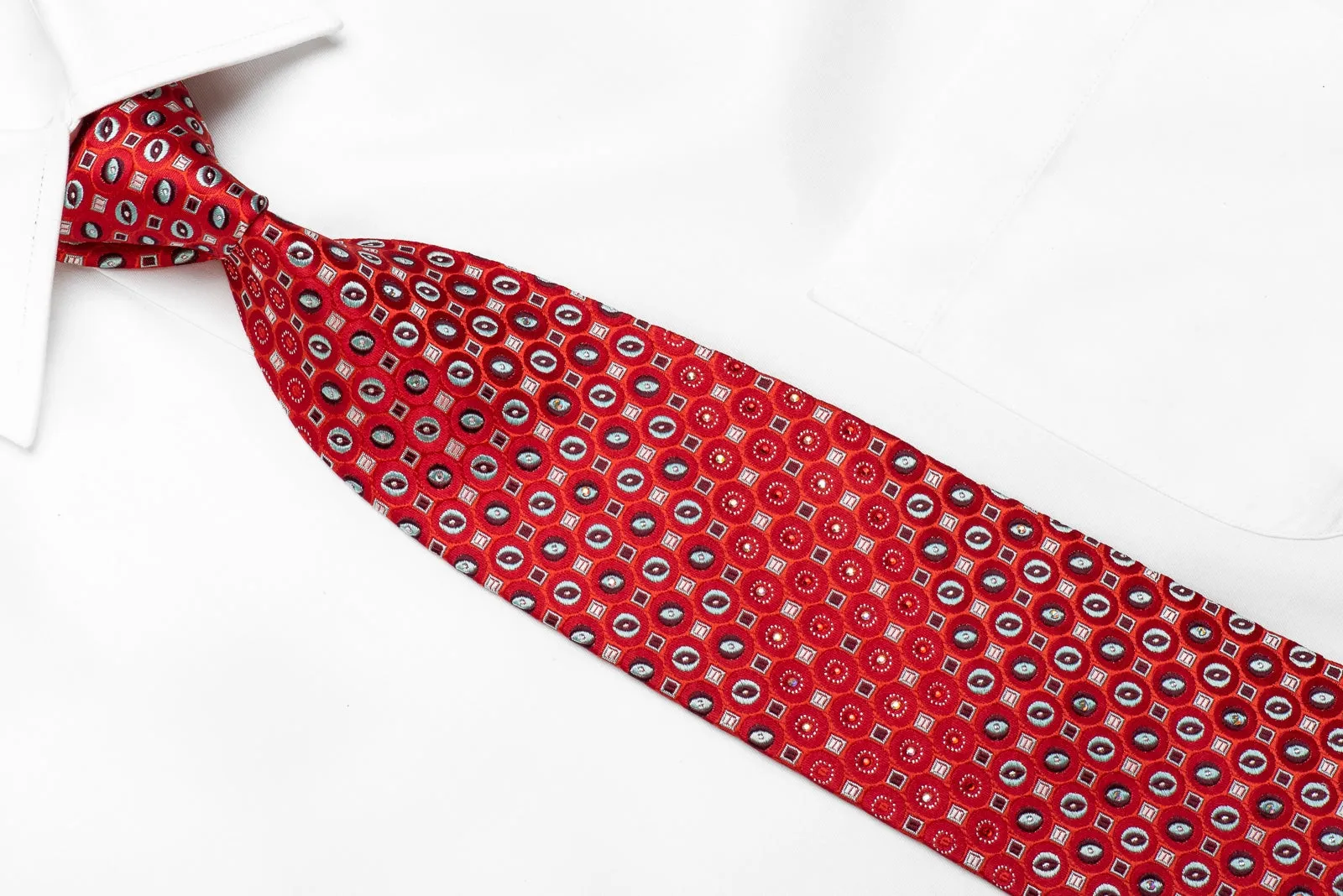 Daks Men's Crystal Rhinestone Silk Necktie Geometric On Red With Sparkles