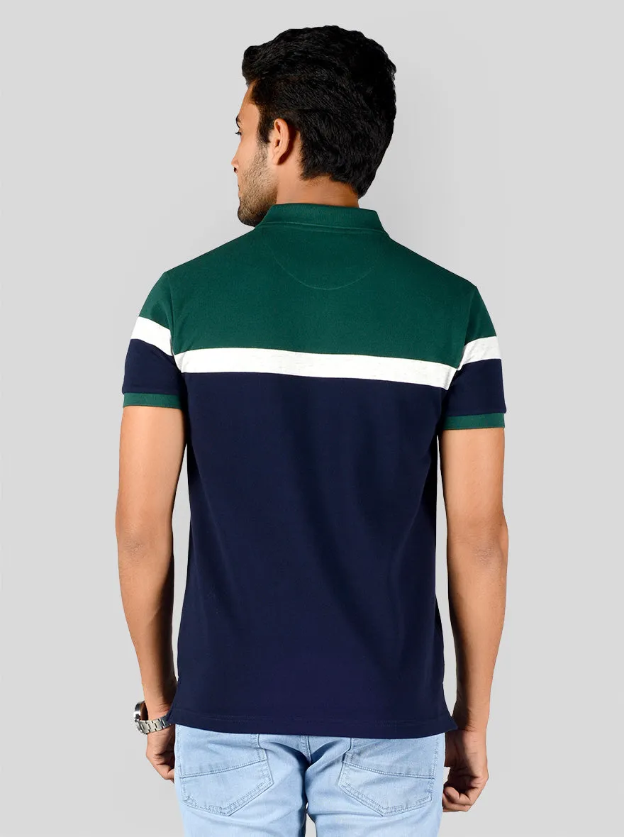 Dark Green & Navy Blue Striped Slim Fit Polo T-shirt | Greenfibre