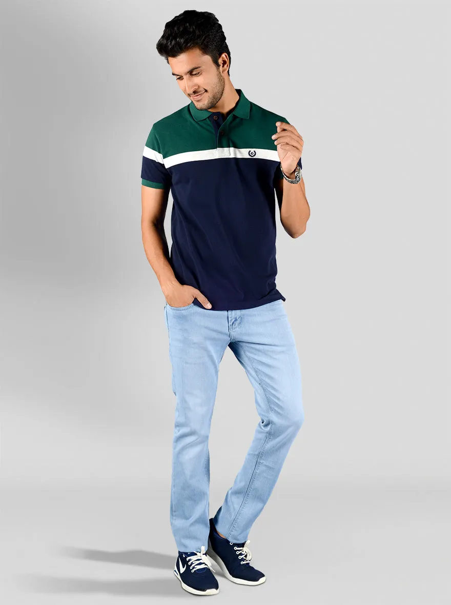 Dark Green & Navy Blue Striped Slim Fit Polo T-shirt | Greenfibre