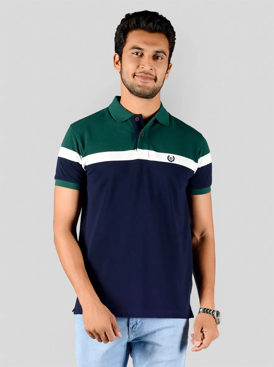 Dark Green & Navy Blue Striped Slim Fit Polo T-shirt | Greenfibre