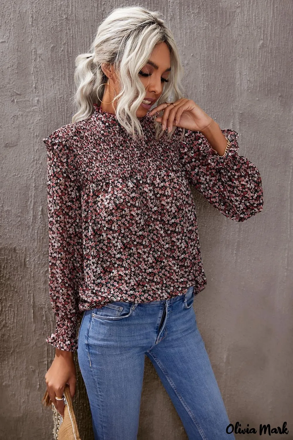 Deanwangkt - Floral Print Ruffle Long Sleeve Blouse