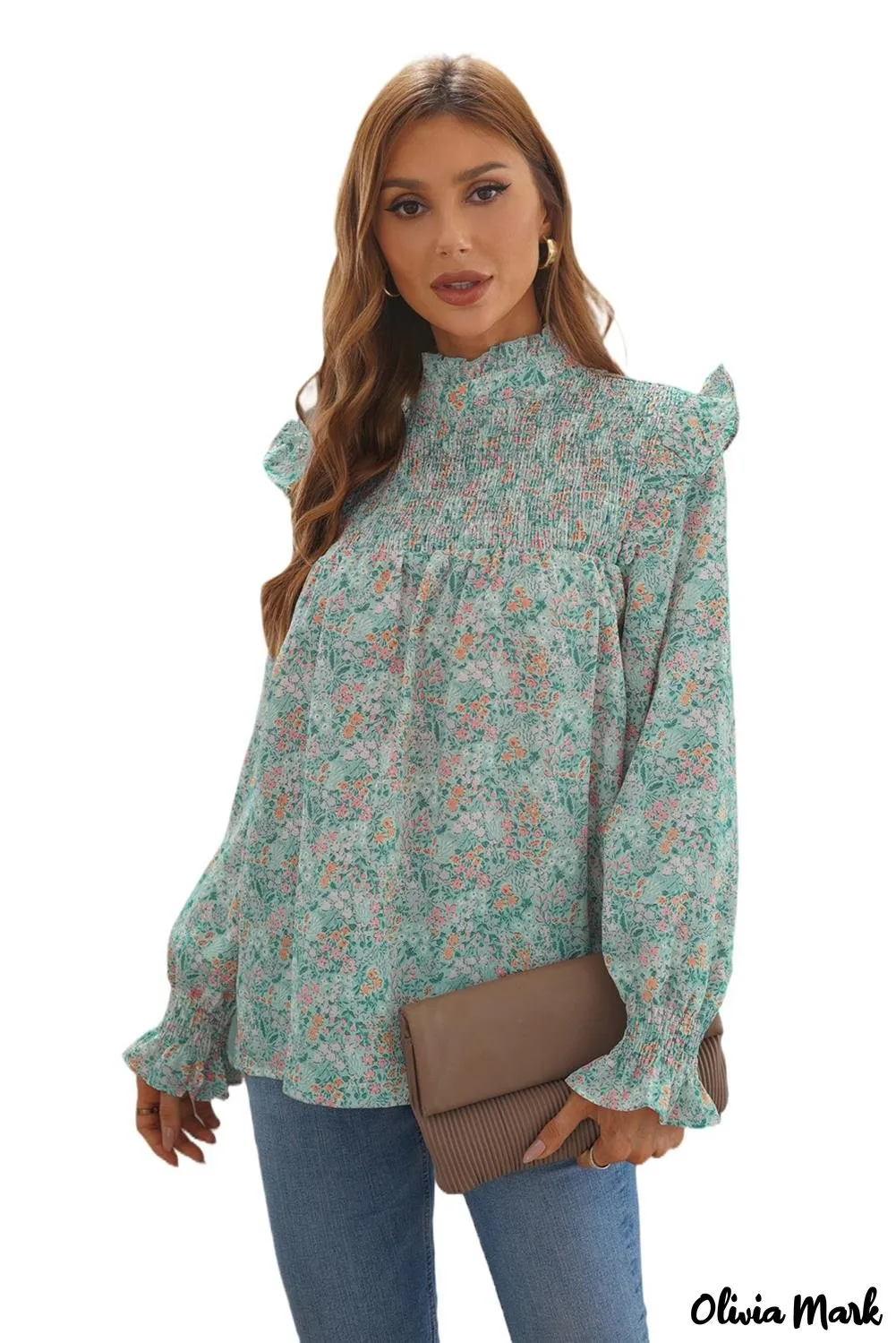 Deanwangkt - Floral Print Ruffle Long Sleeve Blouse