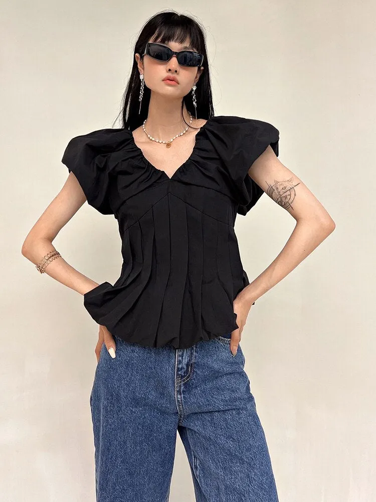 deanwangkt  Sexy V-Neck White Women Blouses Summer Puff Sleeve Shirts Chic Korean Office Vintage Elegant Female Lady Tops