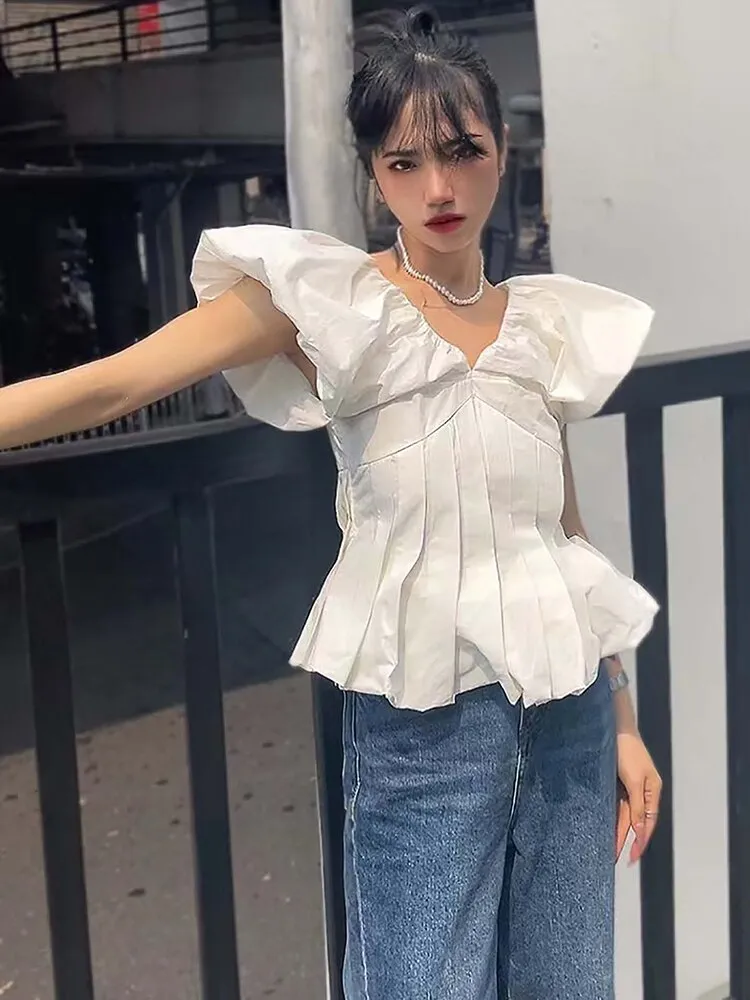 deanwangkt  Sexy V-Neck White Women Blouses Summer Puff Sleeve Shirts Chic Korean Office Vintage Elegant Female Lady Tops