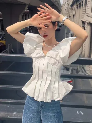 deanwangkt  Sexy V-Neck White Women Blouses Summer Puff Sleeve Shirts Chic Korean Office Vintage Elegant Female Lady Tops