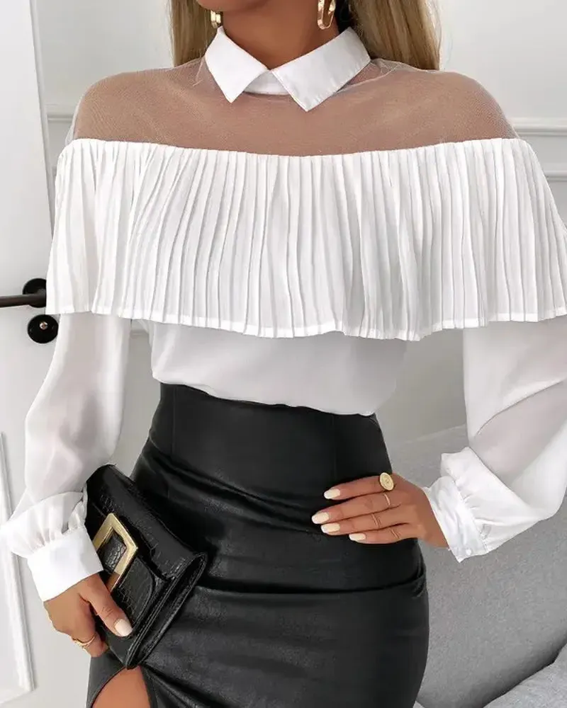 Deanwangkt - Sheer Mesh Ruffle Hem Long Sleeve Top