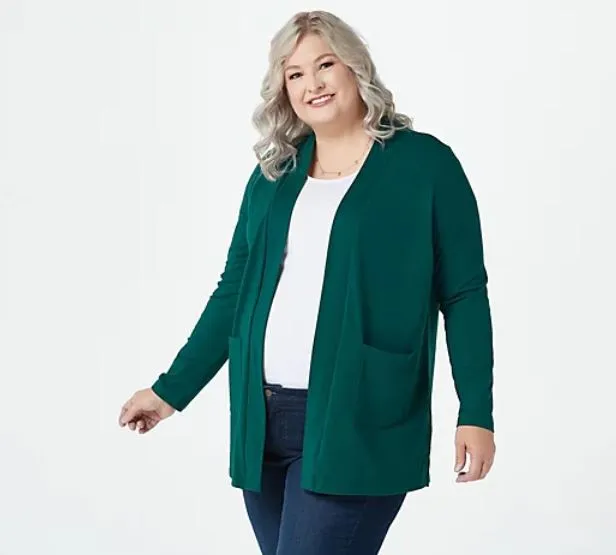 Denim & Co. Essentials Regular Open Front Cardigan with Pockets X-Small Evergreen