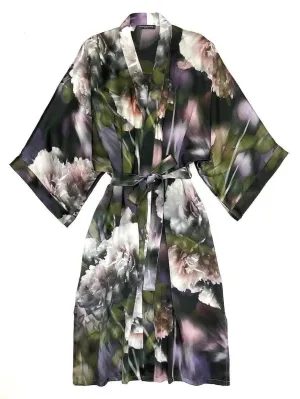 Enchanted Garden Classic Silk Print Short Kimono Robe