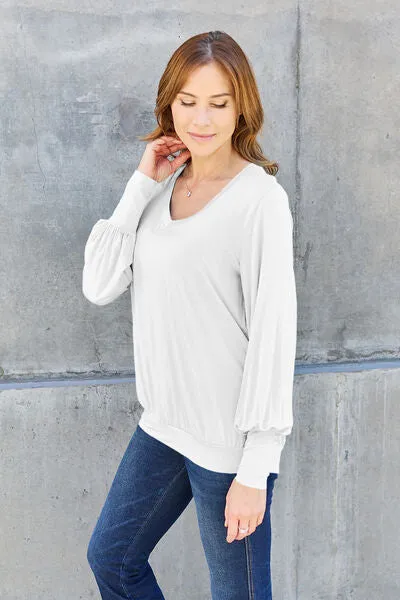 Explore More Collection - Basic Bae Full Size V-Neck Lantern Sleeve Blouse