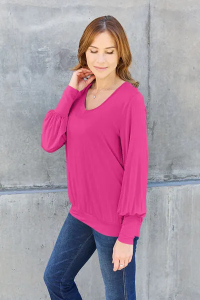 Explore More Collection - Basic Bae Full Size V-Neck Lantern Sleeve Blouse