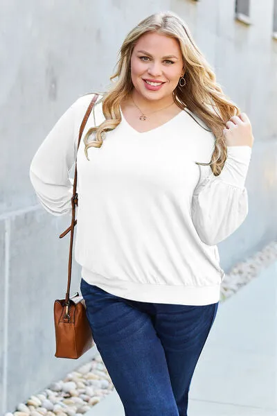 Explore More Collection - Basic Bae Full Size V-Neck Lantern Sleeve Blouse