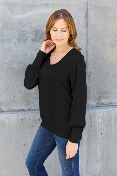 Explore More Collection - Basic Bae Full Size V-Neck Lantern Sleeve Blouse