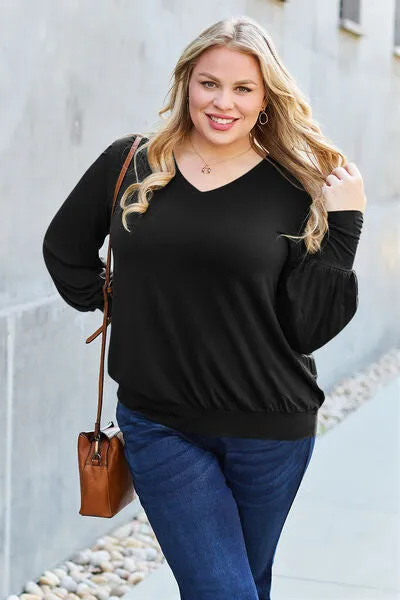 Explore More Collection - Basic Bae Full Size V-Neck Lantern Sleeve Blouse