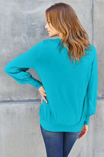 Explore More Collection - Basic Bae Full Size V-Neck Lantern Sleeve Blouse