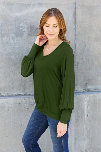 Explore More Collection - Basic Bae Full Size V-Neck Lantern Sleeve Blouse