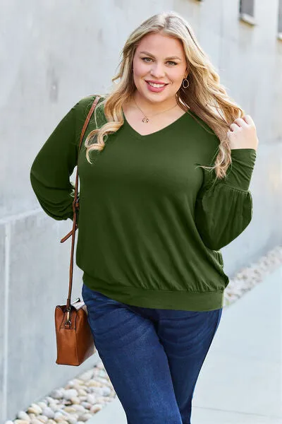 Explore More Collection - Basic Bae Full Size V-Neck Lantern Sleeve Blouse