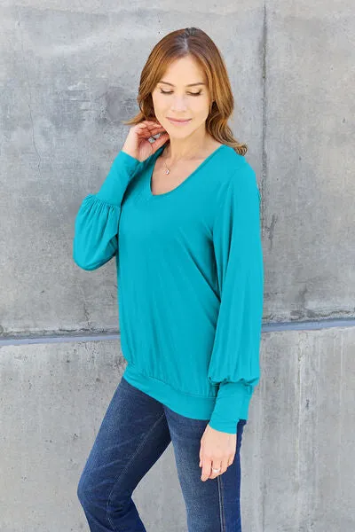 Explore More Collection - Basic Bae Full Size V-Neck Lantern Sleeve Blouse