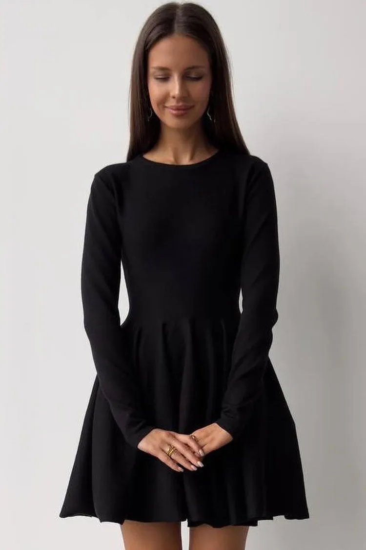 Flowy French Style Crew Neck Long Sleeve Fit and Flare Sweater Mini Dress - Black