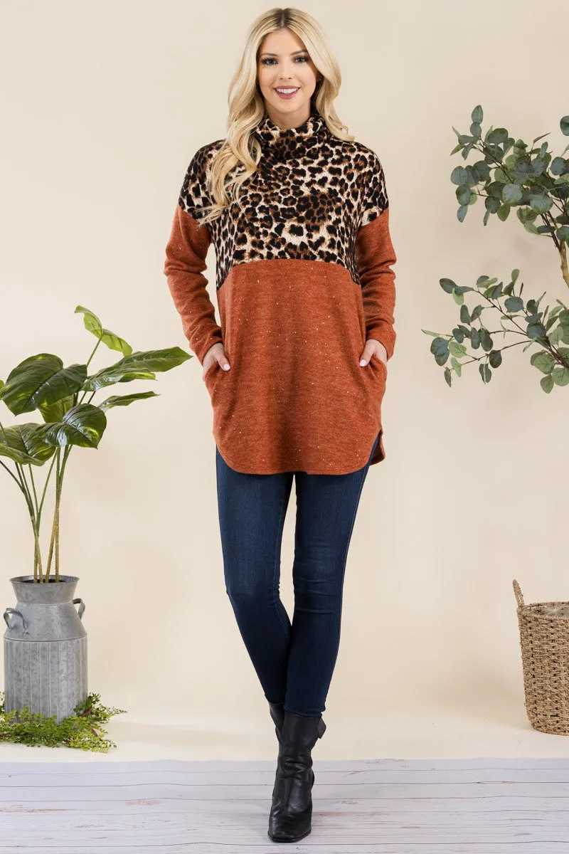 Full Size Curved Hem Leopard Turtleneck Long Sleeve Blouse