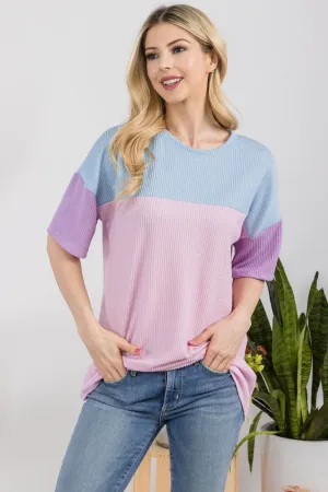 Full Size Ribbed Color Block T-Shirt