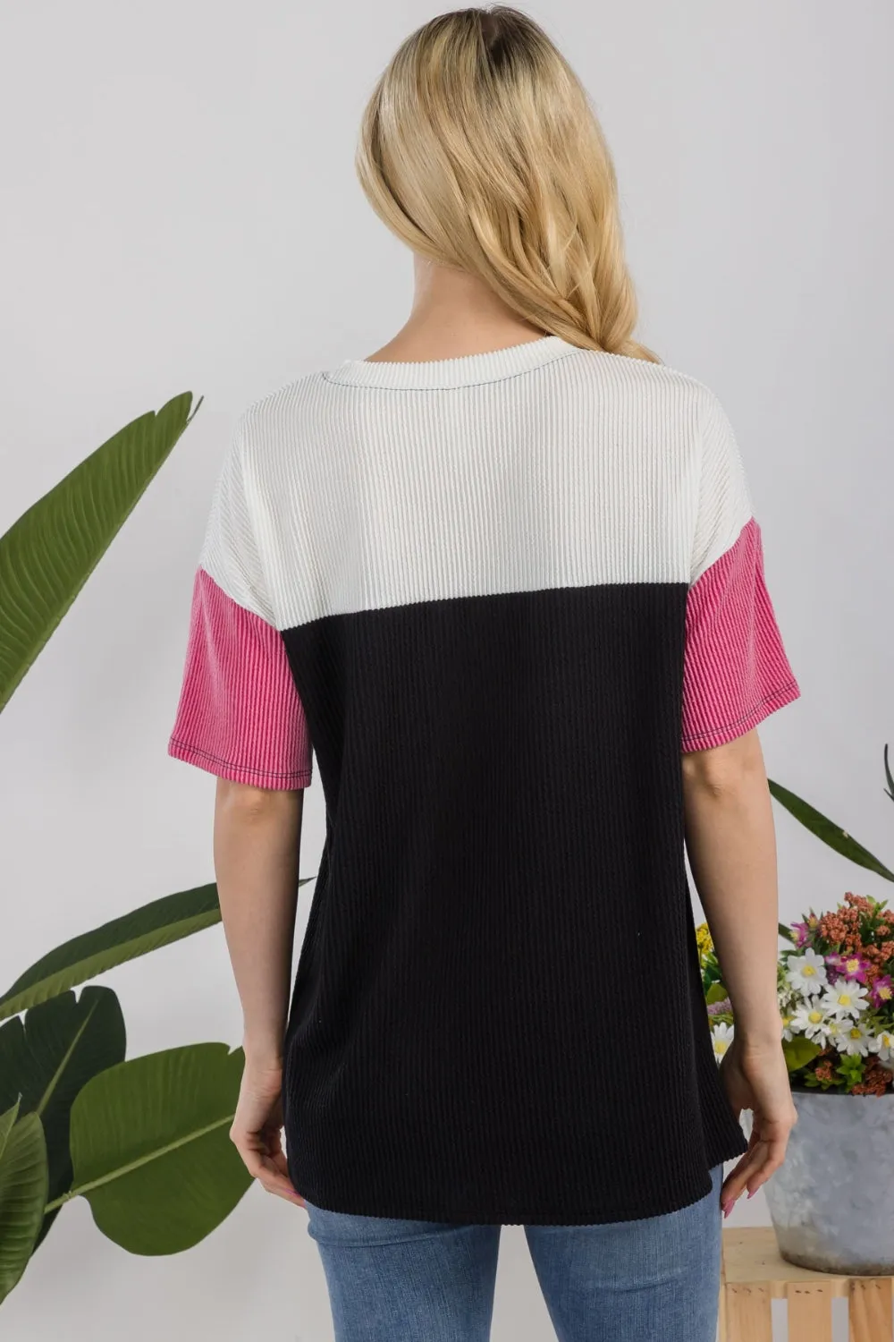 Full Size Ribbed Color Block T-Shirt