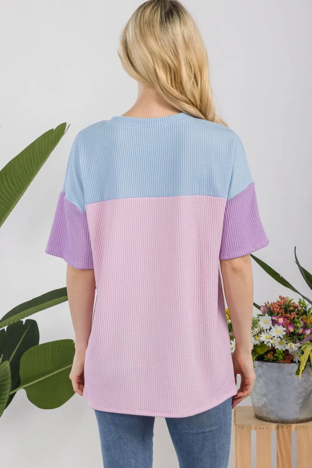 Full Size Ribbed Color Block T-Shirt