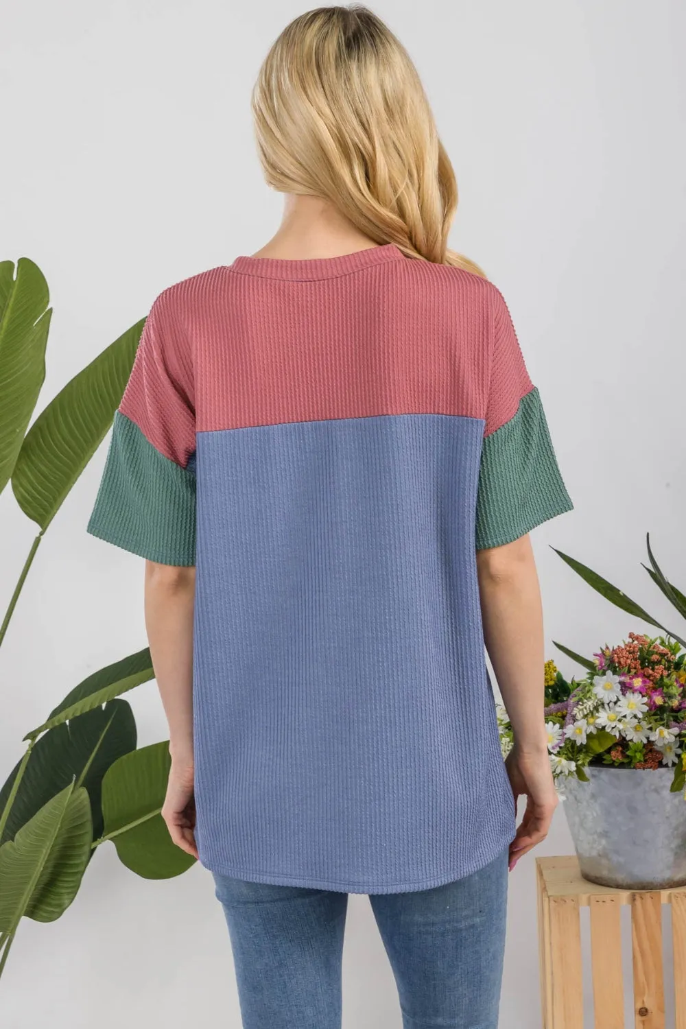 Full Size Ribbed Color Block T-Shirt