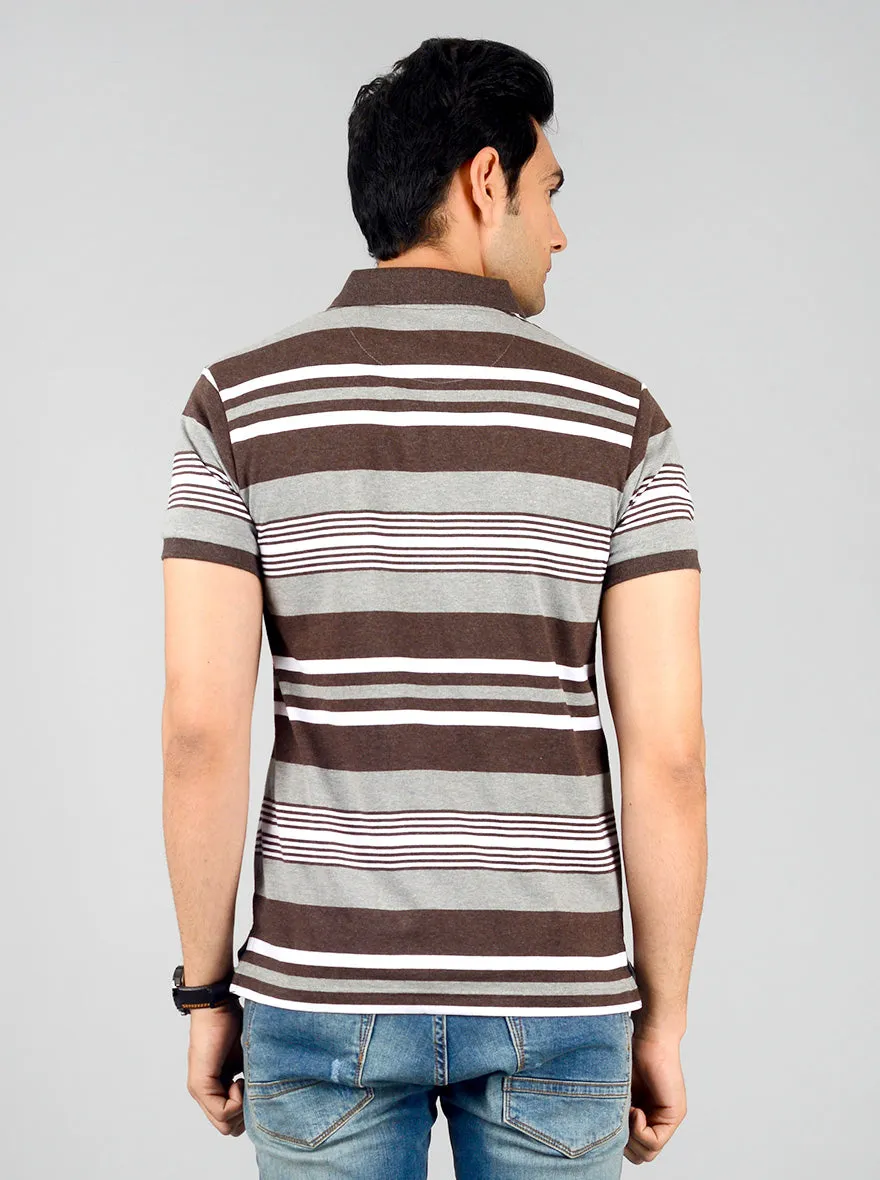 Grey & Brown Striped Slim Fit Polo T-shirt | Greenfibre