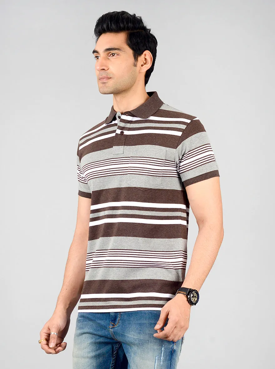 Grey & Brown Striped Slim Fit Polo T-shirt | Greenfibre