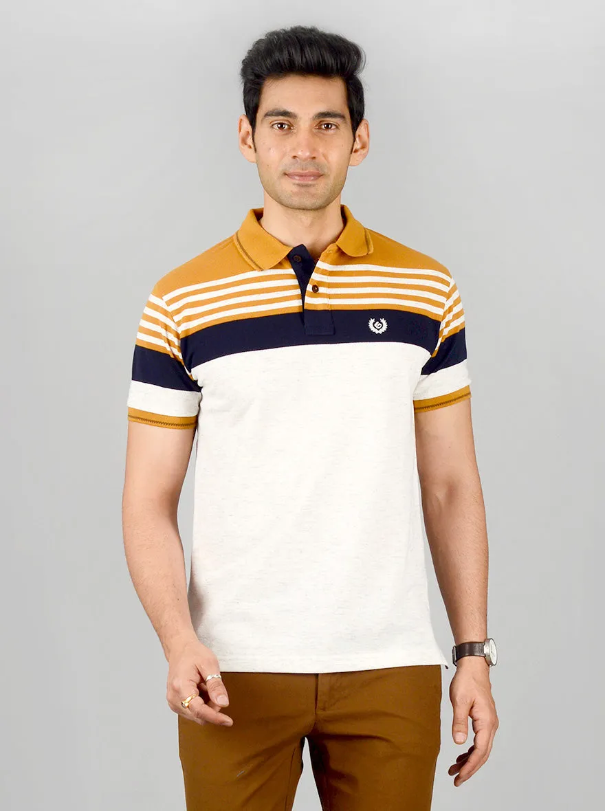 Grey & Yellow Striped Slim Fit Polo T-shirt | Greenfibre