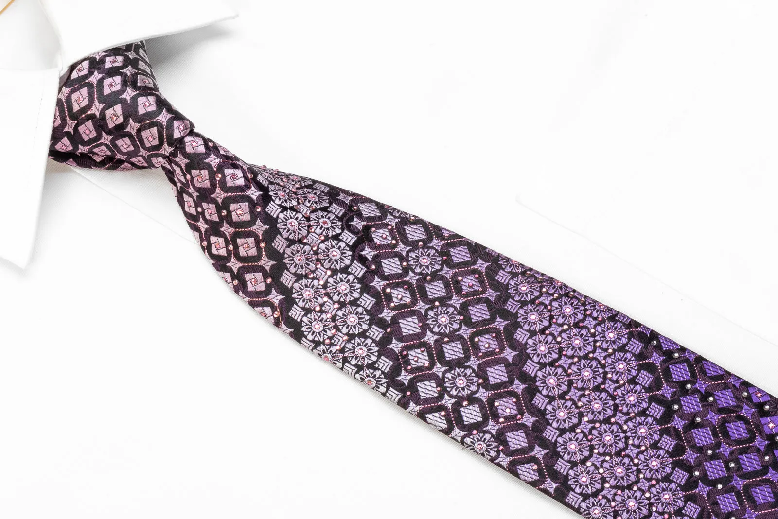 Indian Homme Men's Crystal Rhinestone Necktie Purple Geometric On Black With Sparkles