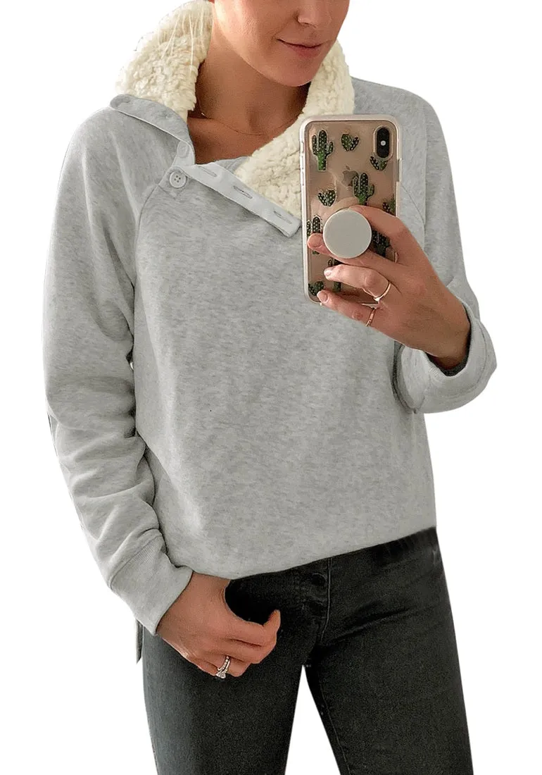 Light Grey Split Cowl Collar Long Sleeves Pullover Top