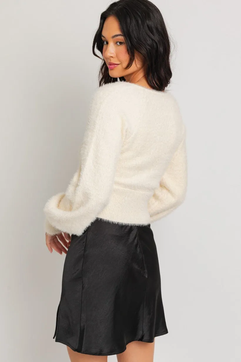 Long Sleeve Square Neck Ribbon Detail Fuzz Sweater