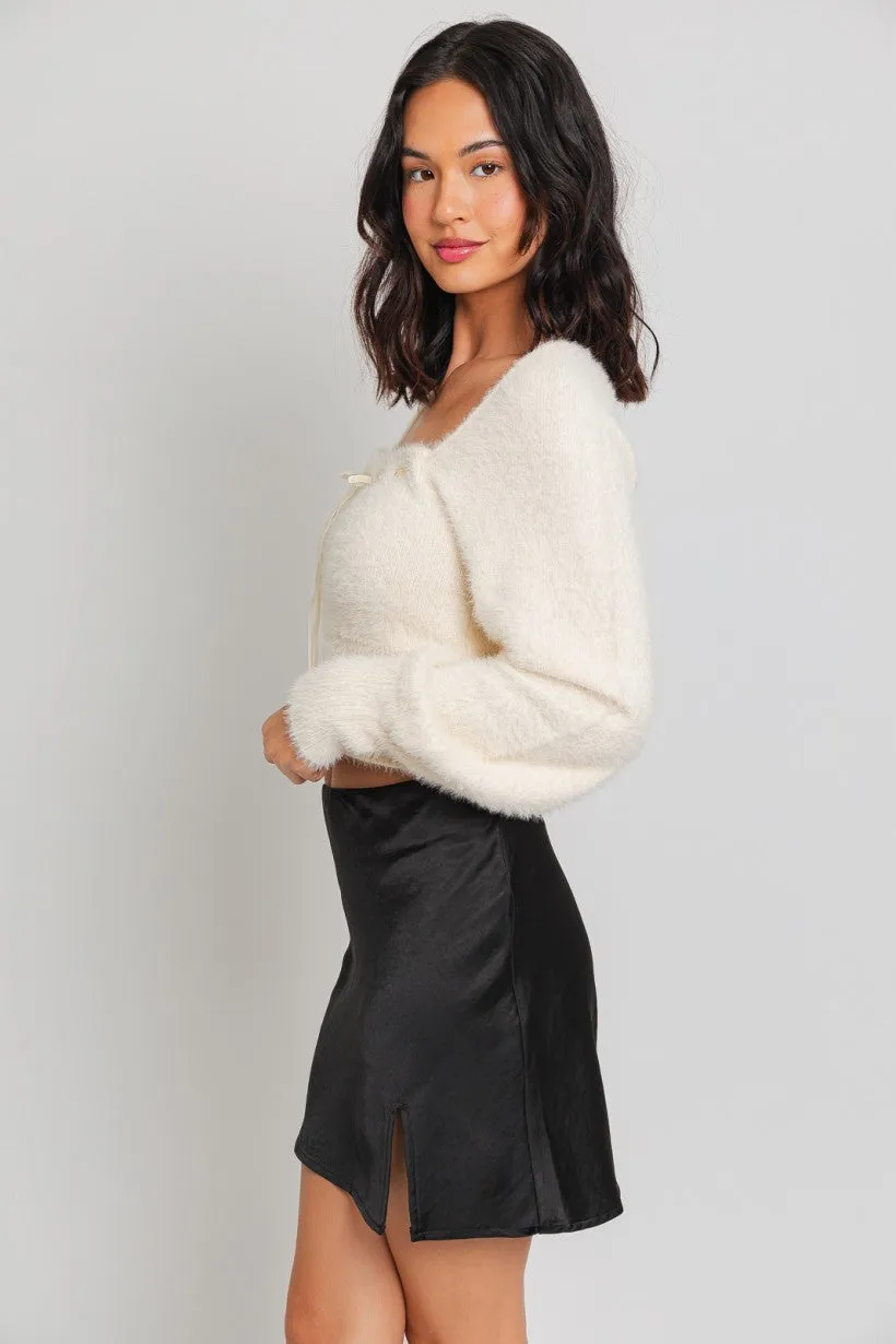 Long Sleeve Square Neck Ribbon Detail Fuzz Sweater