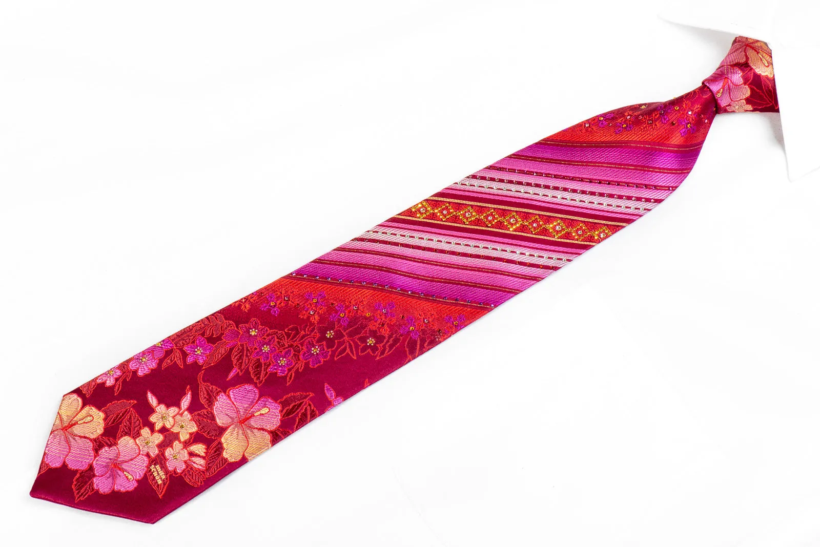 Mila Schon Mens Rhinestone Tie Purple Floral & Stripes On Burgundy