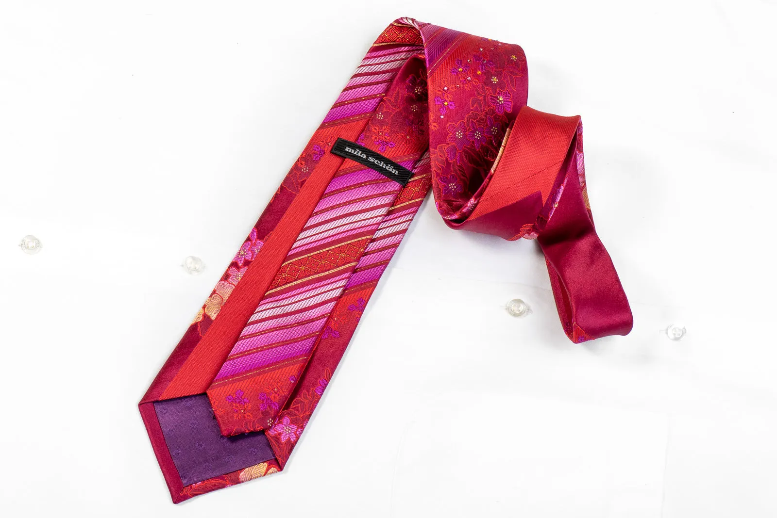 Mila Schon Mens Rhinestone Tie Purple Floral & Stripes On Burgundy