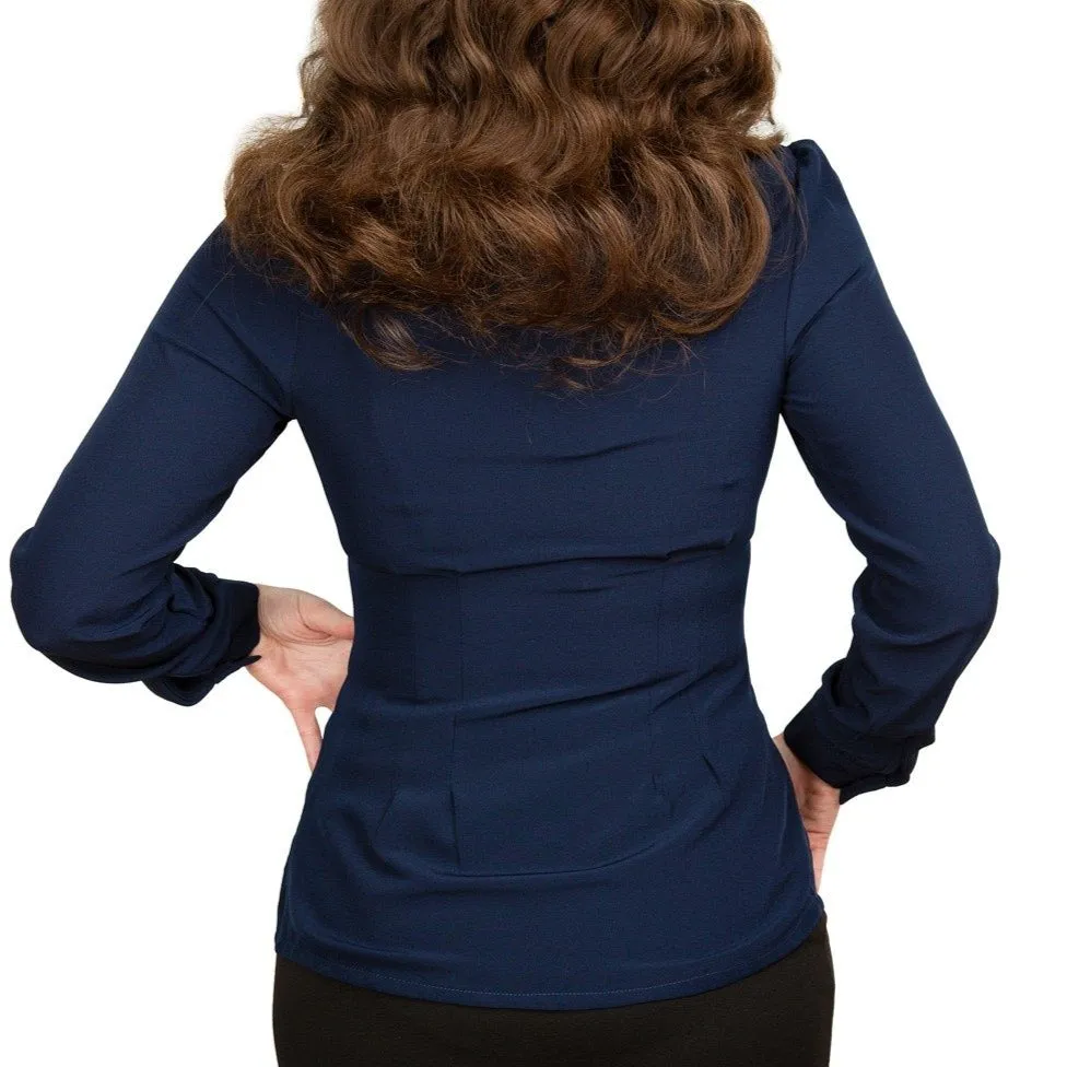 Navy Blue Long Sleeve V Neck Blouse Top