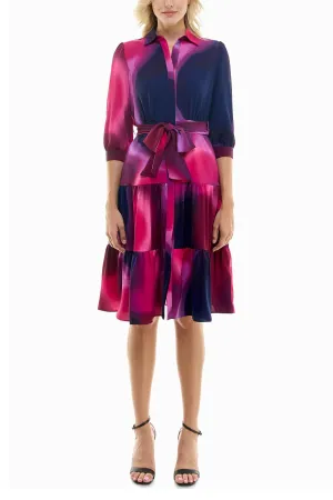 Nicole Miller collared 3/4 sleeve tie waist printed A-line silk dress