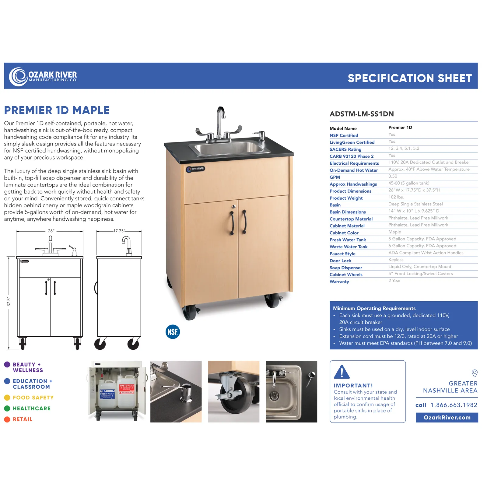 Ozark River ADSTM-LM-SS1DN Premier 1D Maple, 37.50" Adult Height Portable Sink, Millwork Countertop