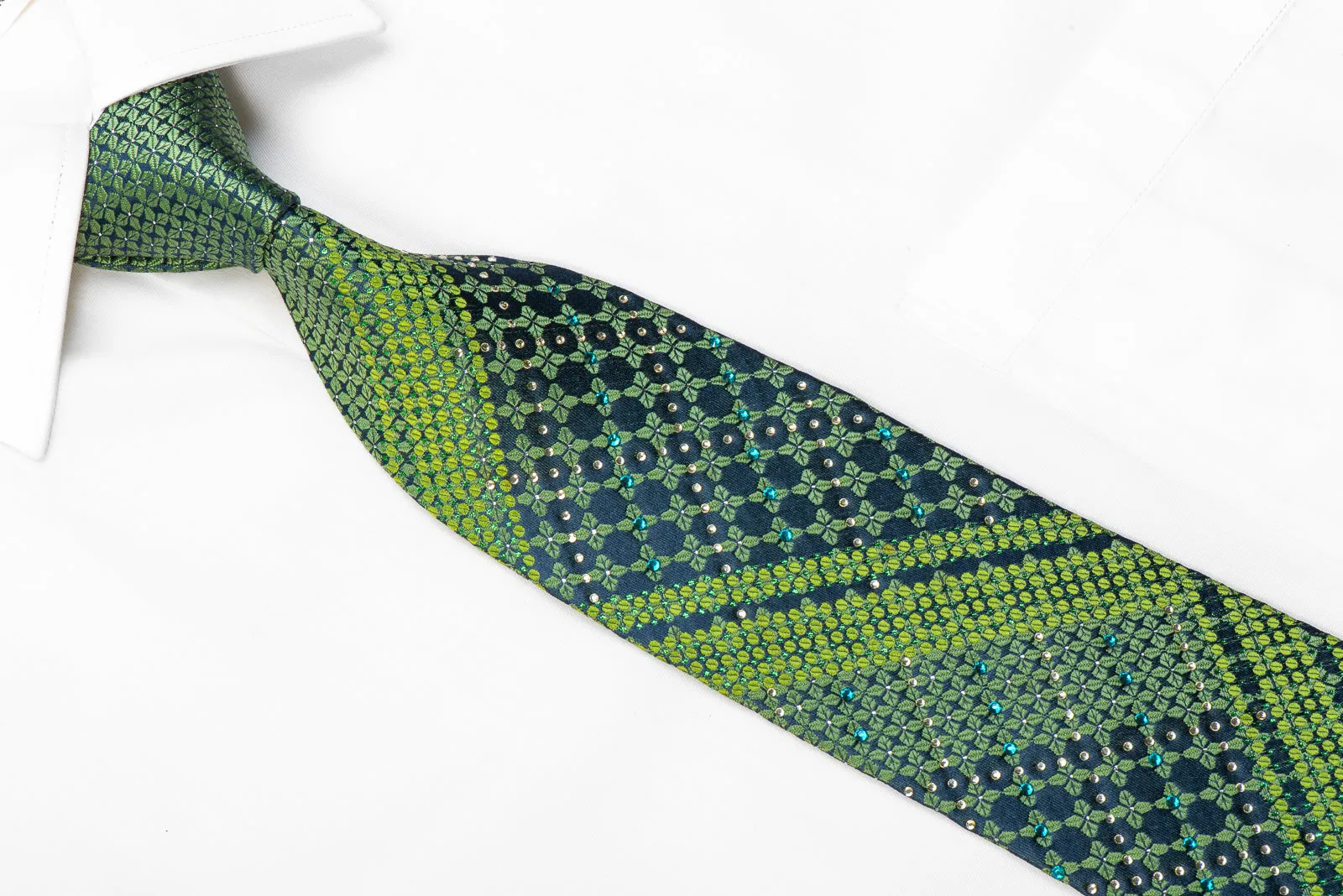 Perry Ellis Rhinestone Necktie Geometric On Green With Sparkles